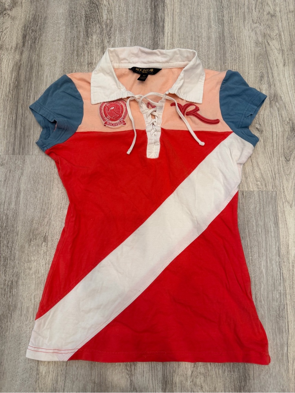 Rocawear Medium Red Colorblock Lace Up Polo Shirt Y2K 2000s